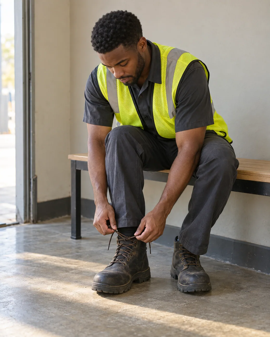 Illustrative warehouse worker seated on a bench and tying a work boot.