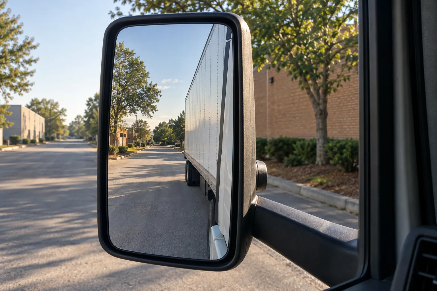 Illustrative view of a plain trailer reflected in a truck's exterior mirror on a quiet industrial street.