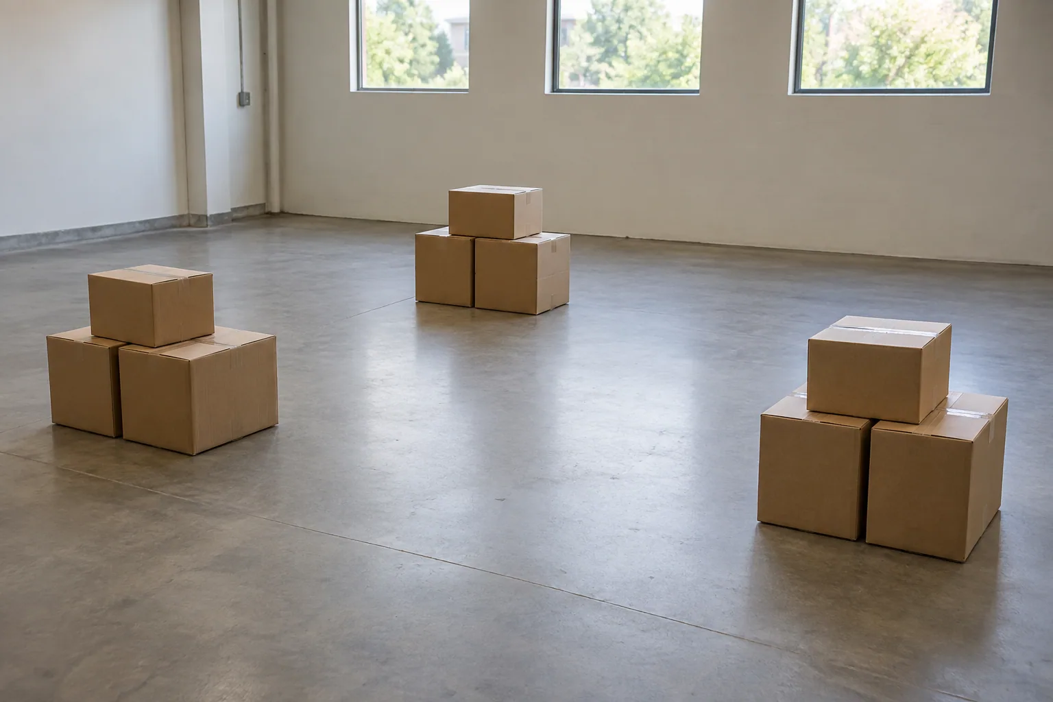 Illustrative modest staging room with three separated groups of blank cartons.